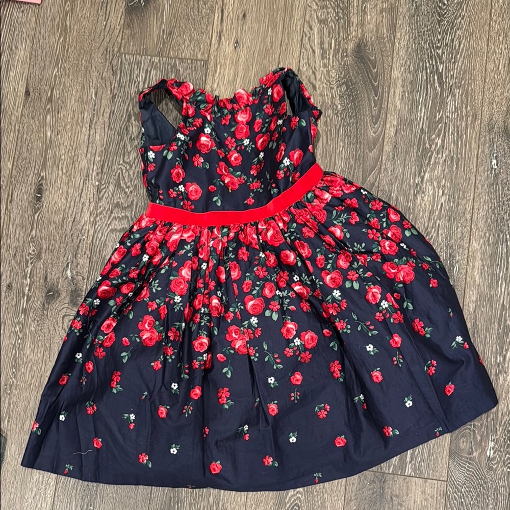 Christmas Floral Kids Dress - Navy and Red